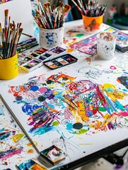 Fototapeta premium National Scribble Day honors creativity through vibrant doodles on a white canvas, with art supplies scattered across a studio brimming with artistic flair.