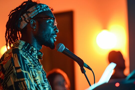 A vibrant National World Poetry Day event showcases a diverse array of poets at an open mic, emphasizing the powerful bond between language and emotion in a studio setting.