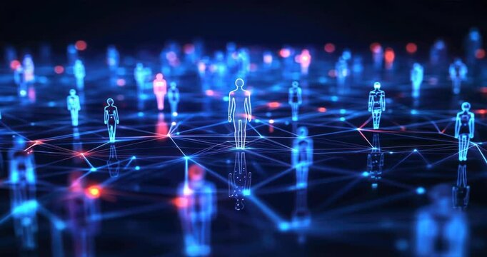 Interconnected glowing digital figures representing data science complexity, showcasing network relationships in technology, data analysis, machine learning, digital network, data science, SMM