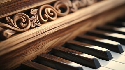 A stunning wooden organ featuring intricate designs and polished keys that highlights the instrument's artistic elegance.