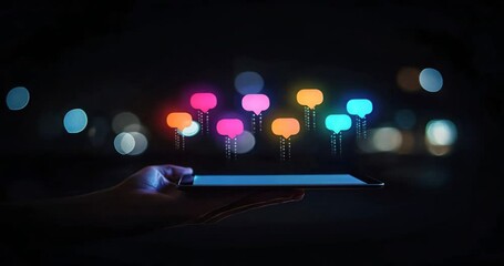 Hand holding a tablet with colorful speech bubbles floating, indicating online communication in social media marketing, interactive content, digital engagement, social media tools