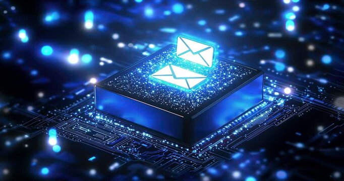Futuristic blue and black box with a glowing email subject and white email icon, representing high tech email marketing solutions, automated messaging, email outreach, digital promotions, SMM