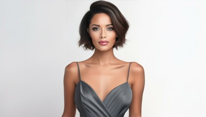 Fototapeta premium studio portrait of a brunette model with short hair wearing a low cut grey dress with nude shoulders on white background, fashion photography 