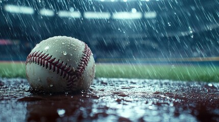 A baseball resting on a wet surface during rain at a stadium.