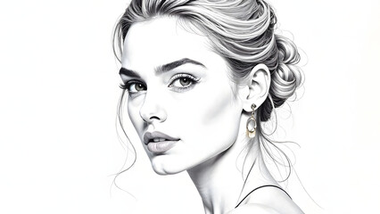 Fototapeta premium black and white portrait of a person. portrait of a woman. Drawing of a woman, single line drawing, figure outline, drawing with one bold line, white background, minimalistic 