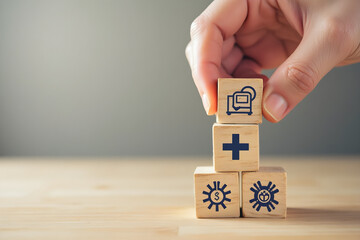 Health Insurance Concept, Hand arranging wood cube stacking with icon healthcare medical on wood background, copy space, financial concept.