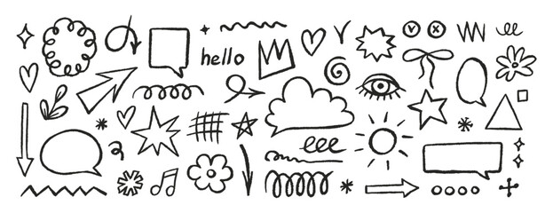 Crayon drawn doodle set, shapes, line and simple elements. Hand drawn brush highlight, arrow, speech bubble cloud, vector black illustrations