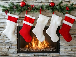 Cozy Christmas Stockings by the Fireplace: A festive scene of four stockings hanging over a...