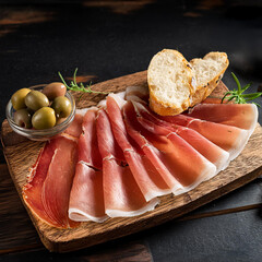Exquisite Assiette Jambon Serrano with Fresh Bread and Olives
