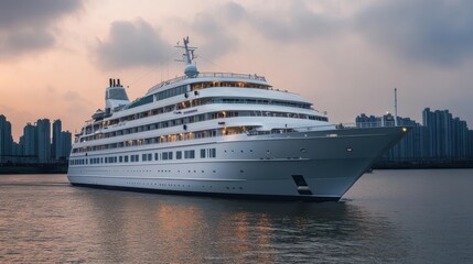 A luxurious cruise ship docked near a city skyline at sunset.