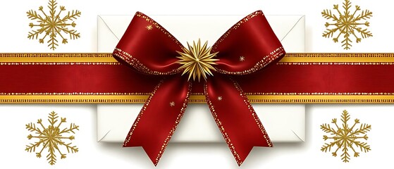 Gift Wrapped Holiday Cheer: A festive, red ribbon with a golden bow adorns a gift box, surrounded by delicate snowflakes, evoking a sense of warmth and joy.  