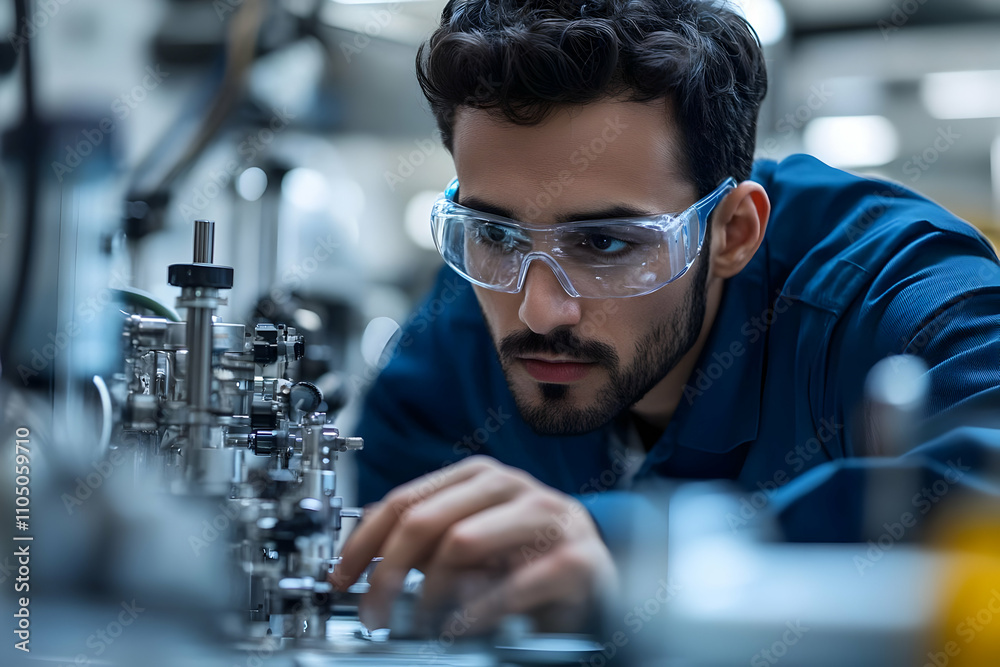 Aufkleber a focused individual working on complex machinery in a technical environment.