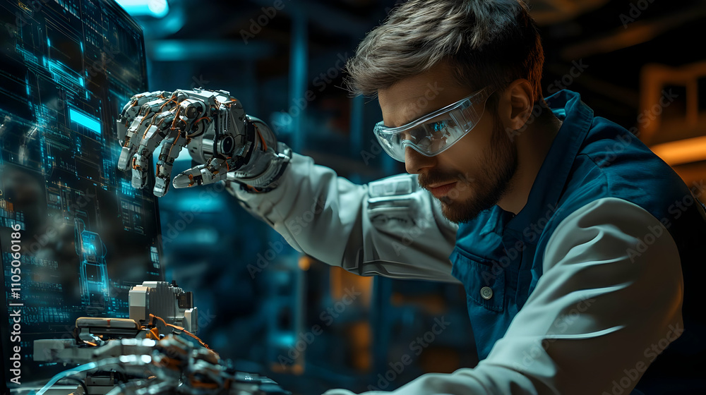 Poster A focused individual with robotic hands working on a high-tech interface in a futuristic setting.