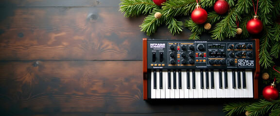 Synthesizer with festive fir branches, ornaments, and lights for cozy Christmas decor. High quality photo