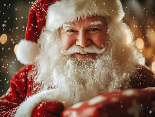 Santa's Joyful Arrival: A portrait of Santa Claus, his jolly face dusted with snow, holding a gift.  The warm lighting and falling snow create a magical Christmas scene. 