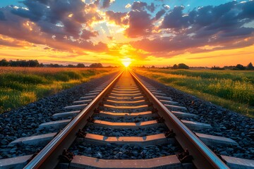 Obraz premium Sunset Journey: Serene Railway Track Extending Into Vibrant Horizon
