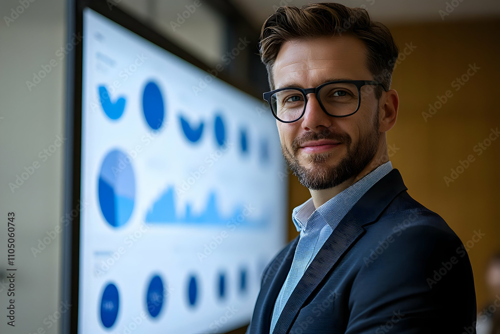 Aufkleber a confident professional stands beside a data presentation, showcasing analytical insights.
