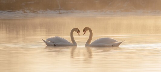 Two Swans Forming a Heart Shape on a Misty Lake at Sunrise
