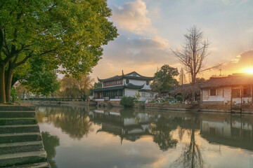 The ancient architectural complex and canal scenery of Qiandeng Ancient Town in Suzhou, Jiangsu Province, China