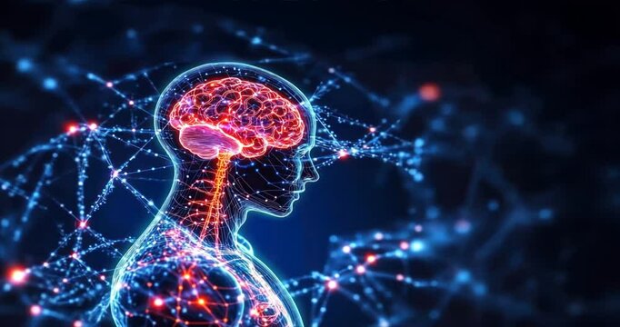 A glowing neon brain and nervous system inside a human figure surrounded by digital links symbolizing artificial intelligence and connections, related to ms symptoms and neural networks