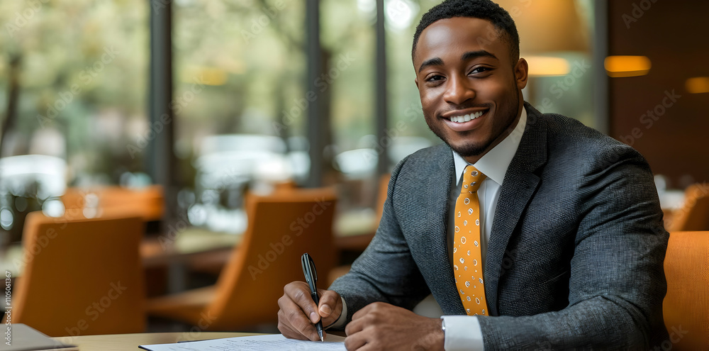 Aufkleber A smiling man in a suit writes notes at a table in a modern office setting.