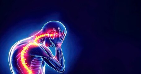 Animated human figure with glowing pain dots in neck and back holding their head in suffering, symbolizing muscular sclerosis pain and symptoms on a dark blue background