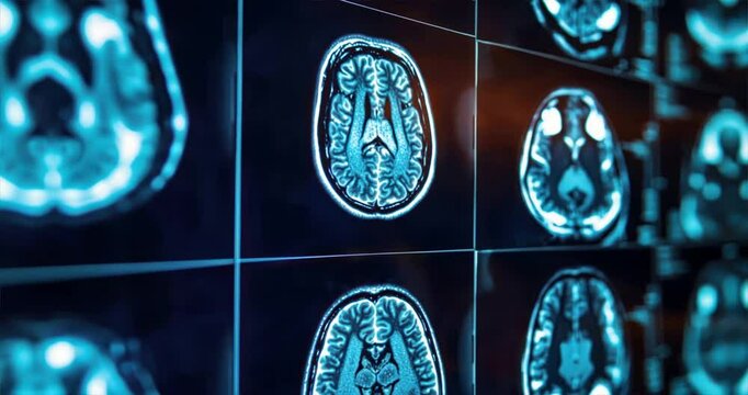 Close up of multiple mri screens in blue highlighting different brain angles and parts, symbolizing ms diagnostics and muscular sclerosis symptom imaging