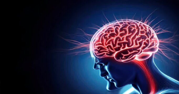 A person holding their glowing red brain in pain with a blue background, symbolizing migraines, ms symptoms, multiple sclerosis, and neural distress