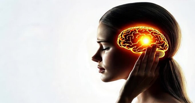 Side view of a woman holding her temple, glowing brain inside her head symbolizing ms symptoms, multiple sclerosis concepts, and neural pain in a photorealistic scene