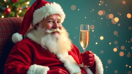 Santa with a glass of champagne on a Christmas background