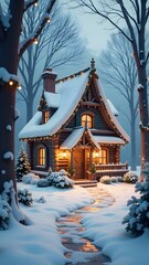 Wooden house in the winter forest with Christmas tree and lights.
