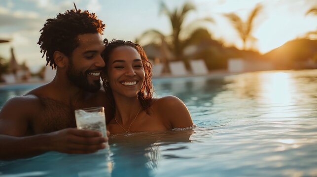 Happy couple relaxing in a pool at sunset.