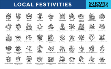 Local festivities icon set with rio carnival, diwali, oktoberfest, venice carnival, holi, chinese new year, mardi gras, songkran thai water festival icon. Simple handdrawn vector   © Gravisio