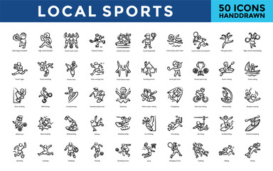 Local sports icon set with little league baseball, high school football, youth soccer team, peewee hockey, school track meet, youth basketball, community swim meet icon. Simple handdrawn vector 
