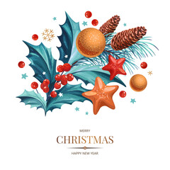 Illustration with Christmas decoration - blue Holly leaves, fir tree with cones and red stars, gold balls on a white background.
