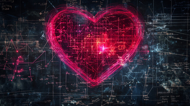 Glowing Red heart background isolated on black background, floating math equations HD wallpaper , digital illustration