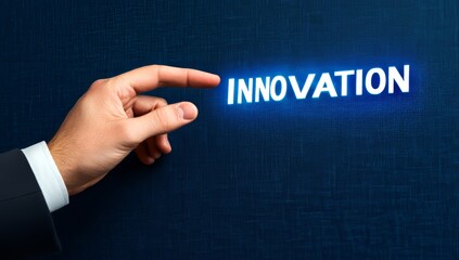 A businessman gestures towards a screen with the word "INNOVATION" encircled by various icons.