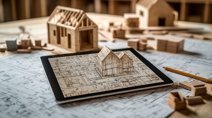 Concept of building permits with a tablet showing a detailed cadastral, emphasizing urban planning in the construction industry.