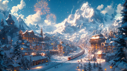 Fototapeta premium A computer wallpaper, 3D cartoon-style scene, depicts a snow-white earth, fireworks in the sky, and a high-speed train and distant mountains in the background. 