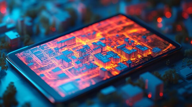 Digital tablet displaying an imaginary cadastral map for building permits, set against a backdrop of urban planning and construction.