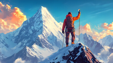 A climber stands triumphantly atop a snowy mountain peak, basking in the vibrant sunset.