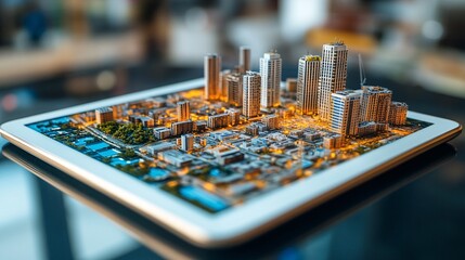 Digital tablet displaying an imaginary cadastral map for building permits, set against a backdrop of urban planning and construction.