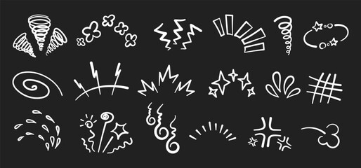 Manga or anime comic emoticon element graphic effects hand drawn doodle vector illustration set isolated on black background. Line style manga doodle line expression scribble anime mark collection.