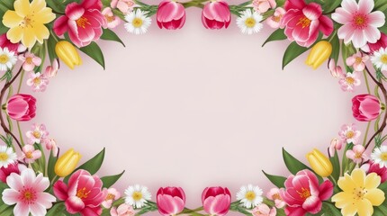 Pink Floral Frame with Tulips, Perfect for Spring Card Design