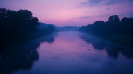 Purple Dawn River Landscape Illustration