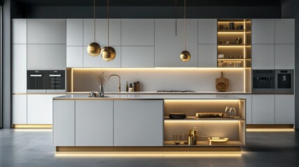 A contemporary kitchen with matte white cabinets and gold accents, paired with soft pendant lighting and a large central island, showcasing open shelving with a minimalist aesthetic.
