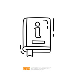 A simple line drawing of a book with an information symbol on its cover, symbolizing knowledge and learning.