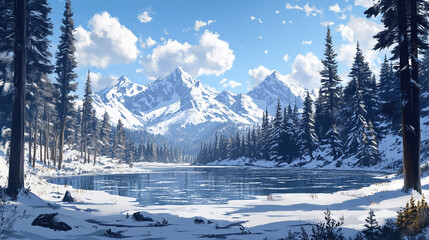 a snowy landscape with frozen lake