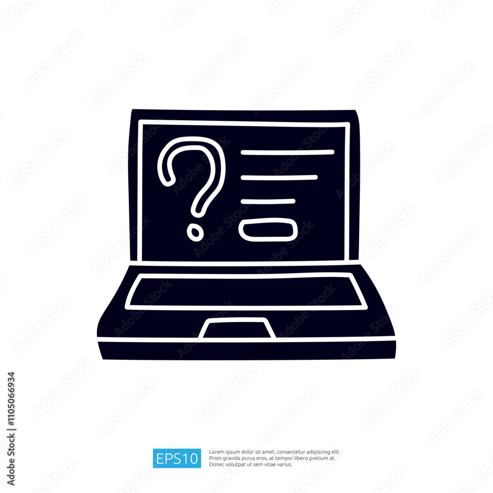 Poster a simple illustration of a laptop displaying a question mark and text, symbolizing inquiry or uncert