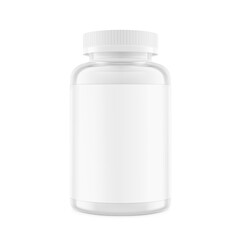 Clear eye-catching pill bottle with label mockup for supplements, vitamins, treats. Vector illustration isolated on white and backgrounds. Mockup is ideal for health projects. EPS10.